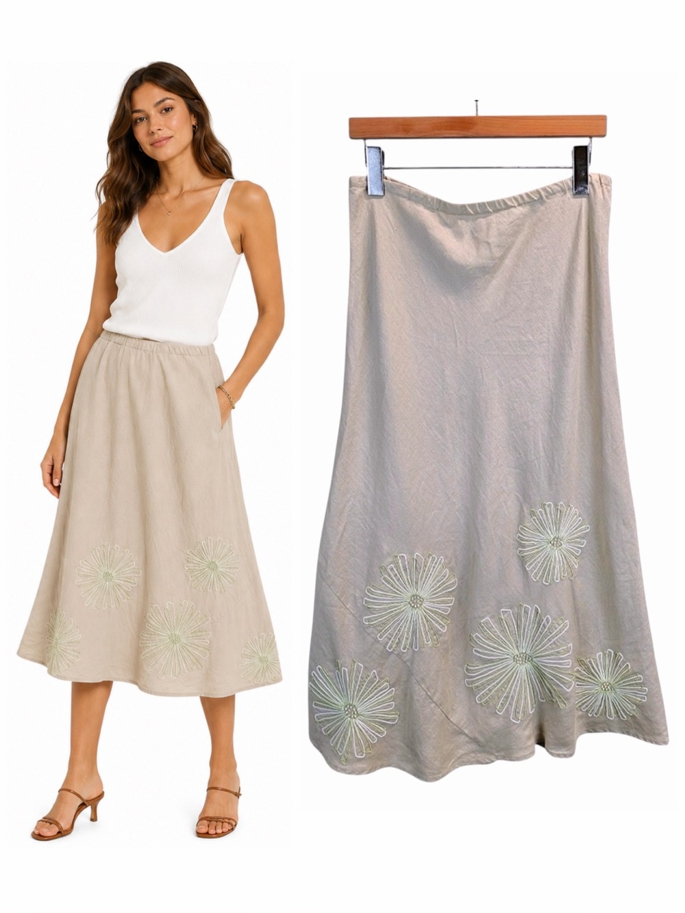 Boden Boho Cottagecore Embroidered Midi Skirt Neutral Linen Look Coastal Cowgirl